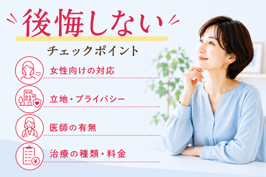 後悔しないチェックポイント 女性向けの対応 立地・プライバシー 医師の有無 治療の種類・料金