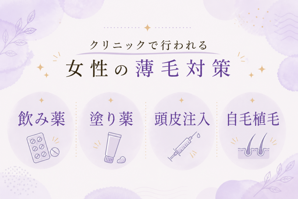 クリニックで行われる女性の薄毛対策 飲み薬／塗り薬／頭皮注入／自毛植毛
