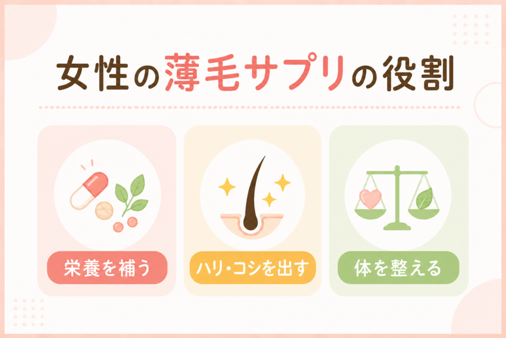 女性の薄毛サプリの役割 栄養を補う/ハリ・コシを出す/体を整える