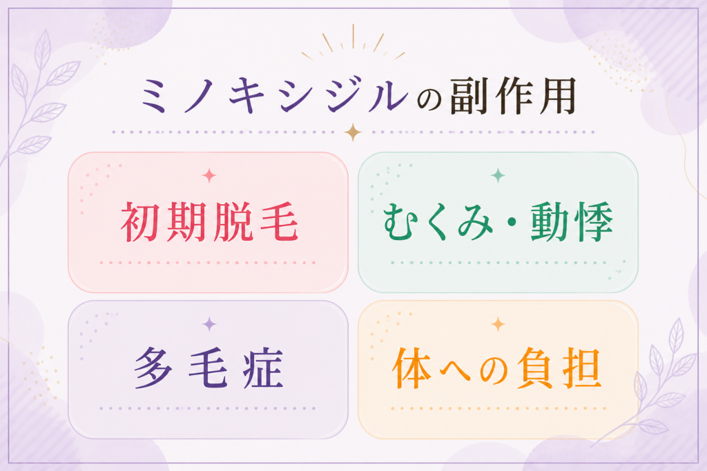 ミノキシジルの副作用 初期脱毛／むくみ・動悸／多毛症／体への負担