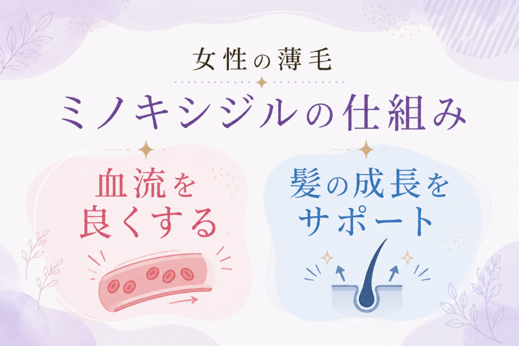 女性の薄毛にミノキシジルが働く仕組み 血流を良くする／髪の成長をサポートする