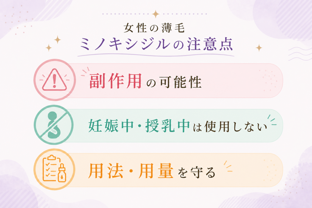女性の薄毛 ミノキシジルの注意点 副作用の可能性／妊娠中・授乳中は使用しない／用法・用量を守る