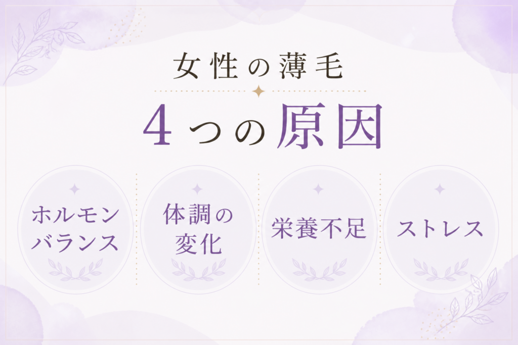 女性の薄毛 主な４つの原因 ホルモンバランス／体調の変化／栄養不足／ストレス